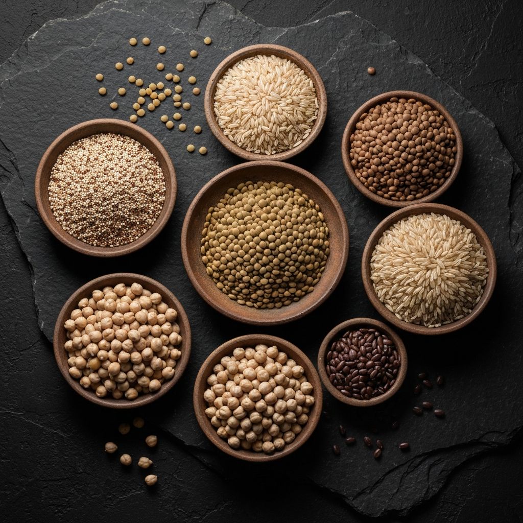 Whole grains and legumes in bowls