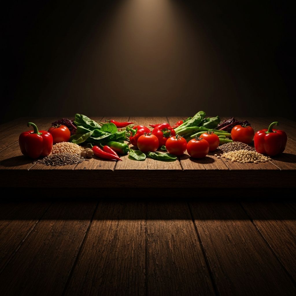 Fresh vegetables and grains on a rustic wooden table